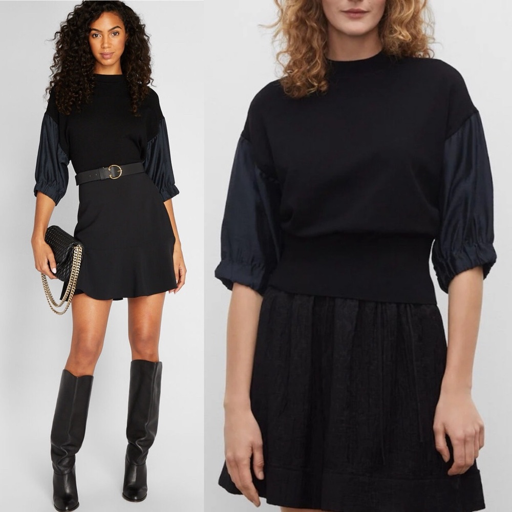 Club Monaco Black Mock Neck Dressy Sweater Satin Puff Sleeves Small $169